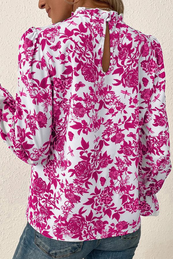 Sky Blue Floral Print Flounce Sleeve Keyhole Back Blouse - Image 10