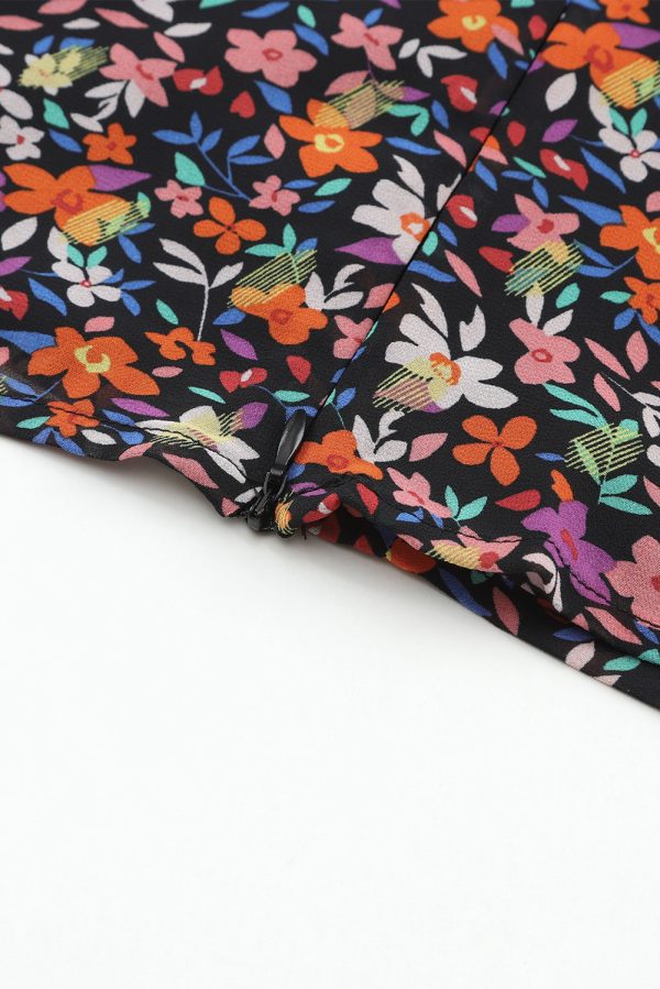 Black V Neck Bubble Sleeve Floral Blouse - Image 6