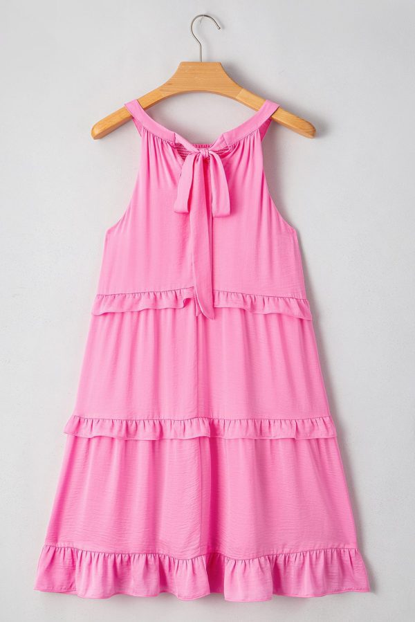 Pink Smocked Neck Knot Back Frilly Tiered Sleeveless Mini Dress - Image 7