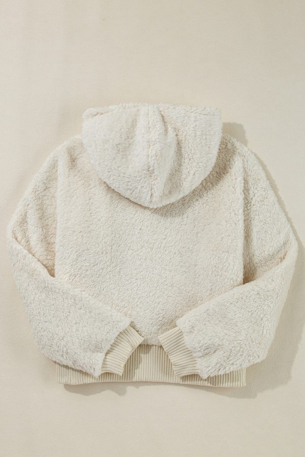 White Contrast Ribbed Edge Plush Hoodie - Image 5