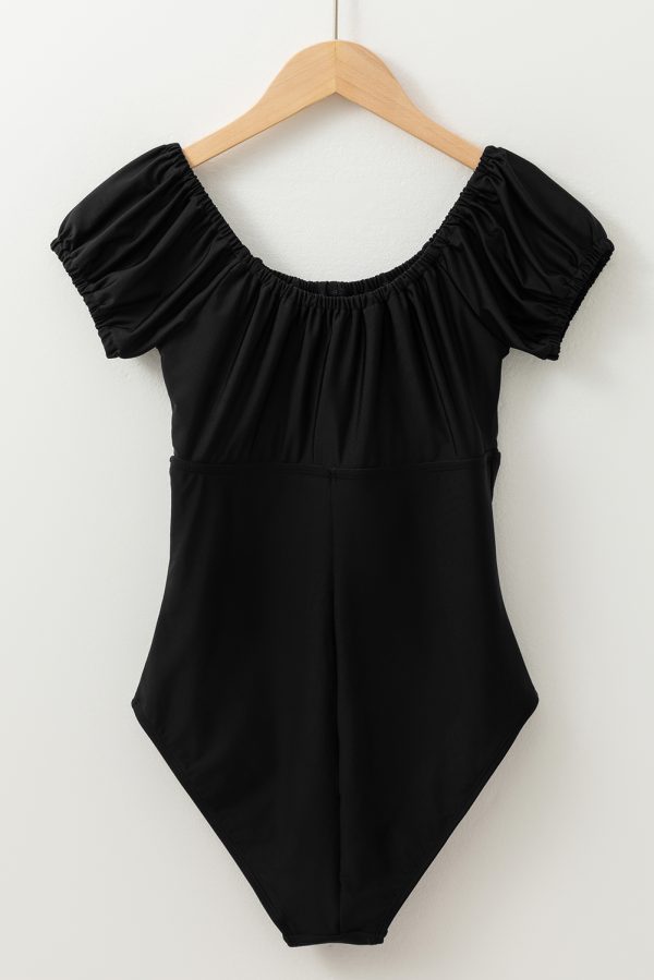 Black Elastic Neckline Short Sleeve One Piece Swimsuit - Image 6