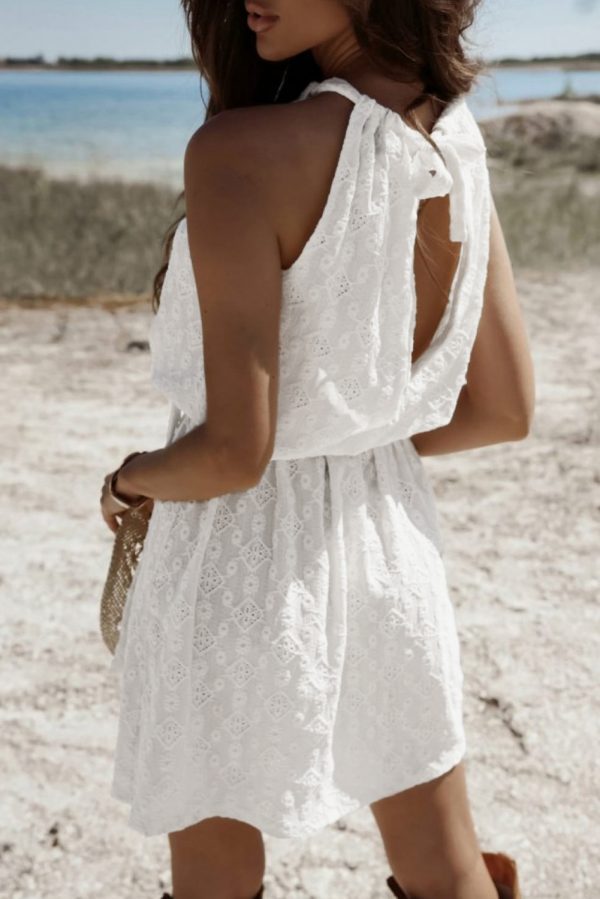 White Lace Sleeveless Knot Hollow Out Back Tied Waist Mini Dress - Image 6