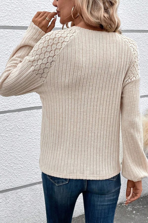 Parchment Contrast Lace Raglan Sleeve Buttoned Ribbed Top - Image 2
