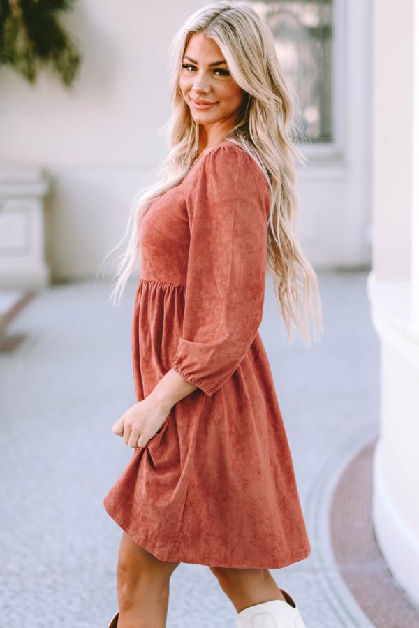 Black Suede Square Neck Puff Sleeve Dress - Image 12