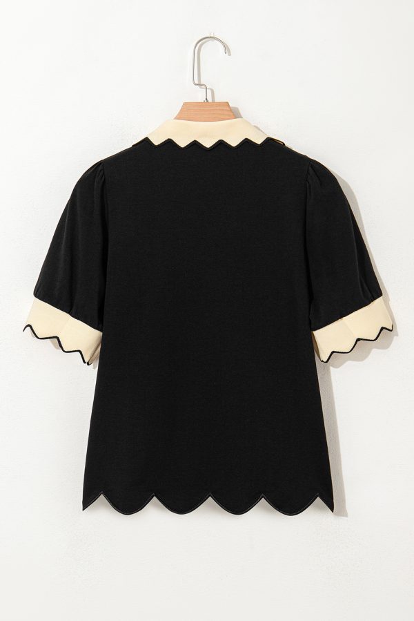 Black Color Contrast Collared V Neck Puff Sleeve Blouse - Image 5