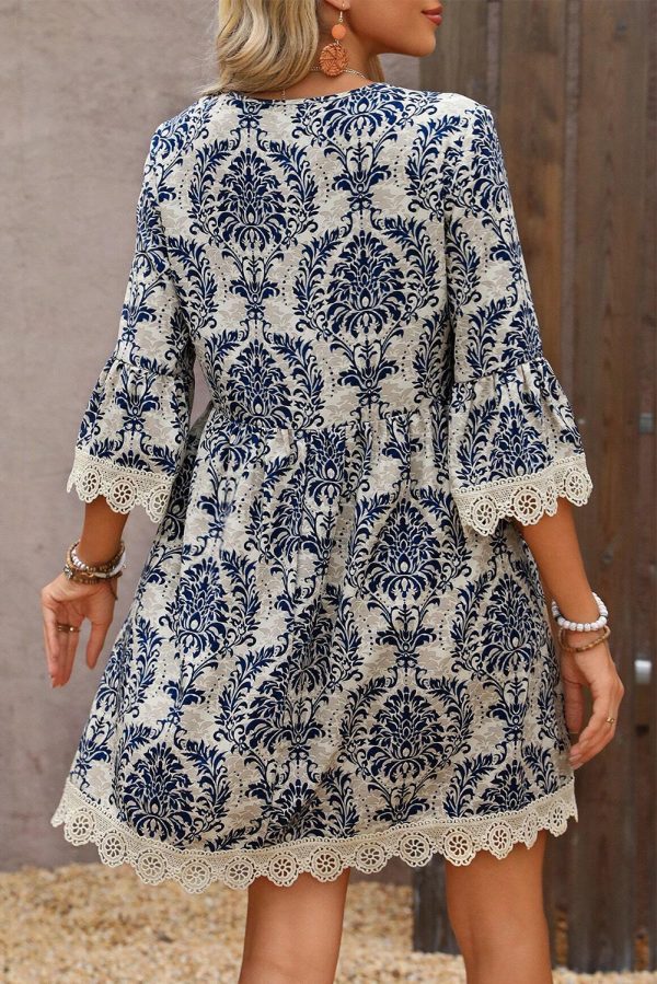 Sky Blue Vintage Printed Lace Trim V Neck 3/4 Sleeve Loose Dress - Image 2