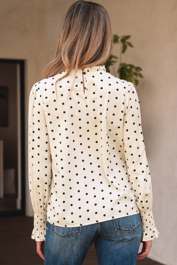 Apricot Polka Dot Print Frilled Collar Lantern Sleeve Blouse - Image 2