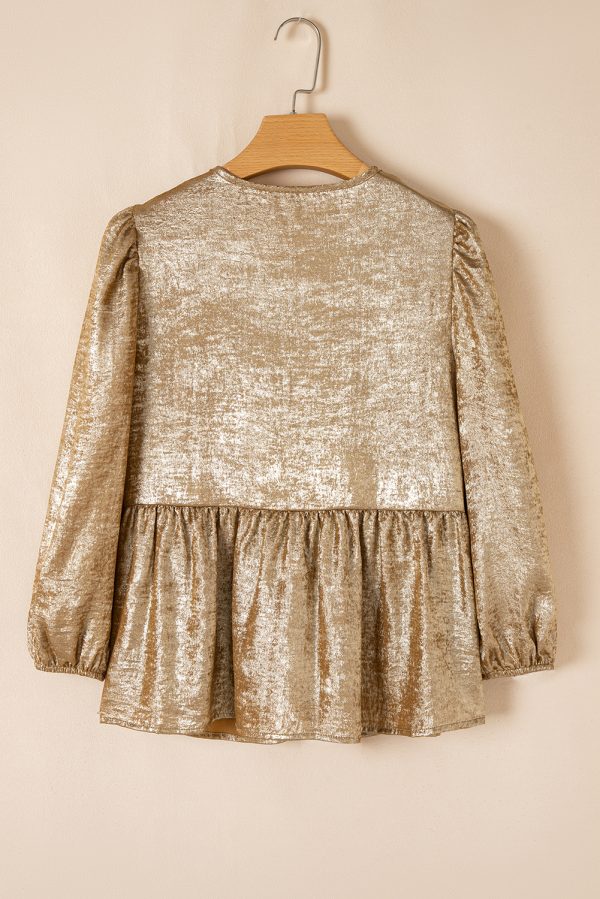 Gold Bow Tie Front Puff 3/4 Sleeve Ruffle Hem Blouse - Image 5