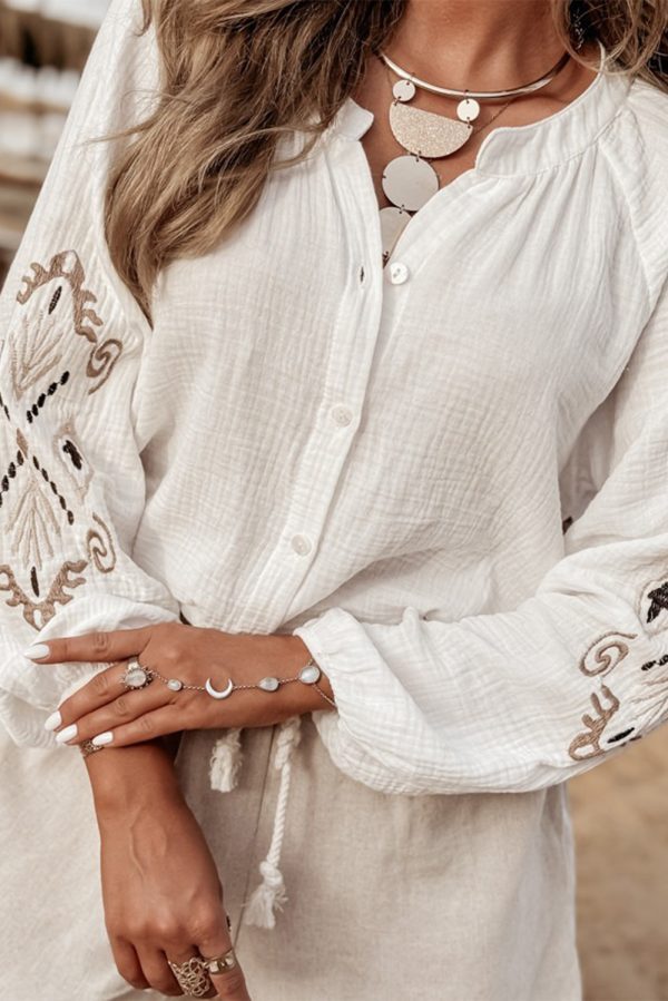 White Embroidered Textured Buttoned Crew Neck Shirt - Image 4