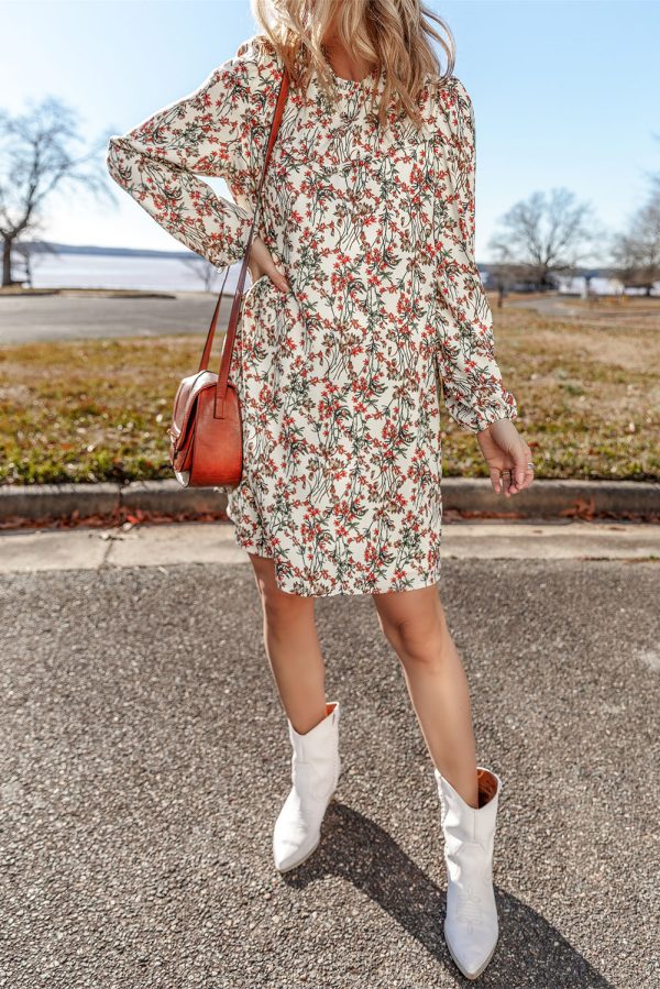 White Floral Printed Long Sleeve Mini Dress - Image 4