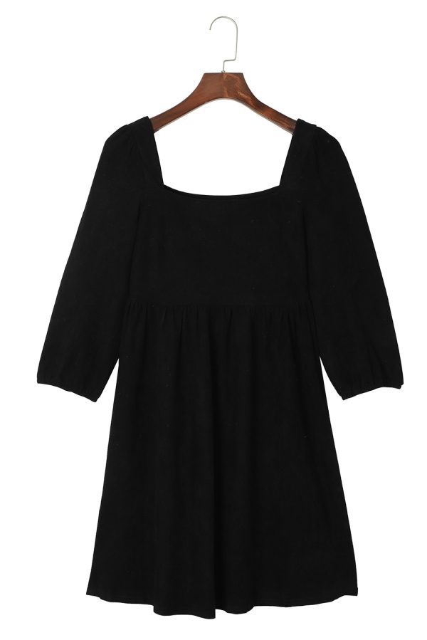 Black Suede Square Neck Puff Sleeve Dress - Image 9