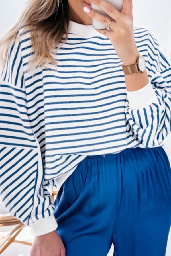 Orange Stripe Drop Shoulder Crew Neck Loose Sweatshirt - Image 11