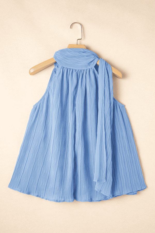 Myosotis Textured Pleated Tied Mock Neck Flowy Tank Top - Image 5