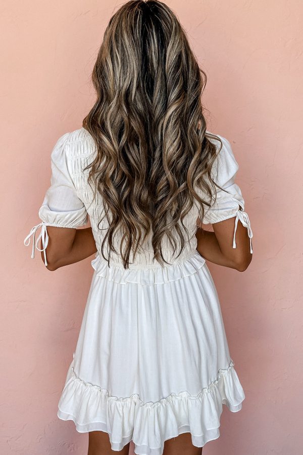 White Tie Short Sleeves Smocked Ruffle Mini Dress - Image 2