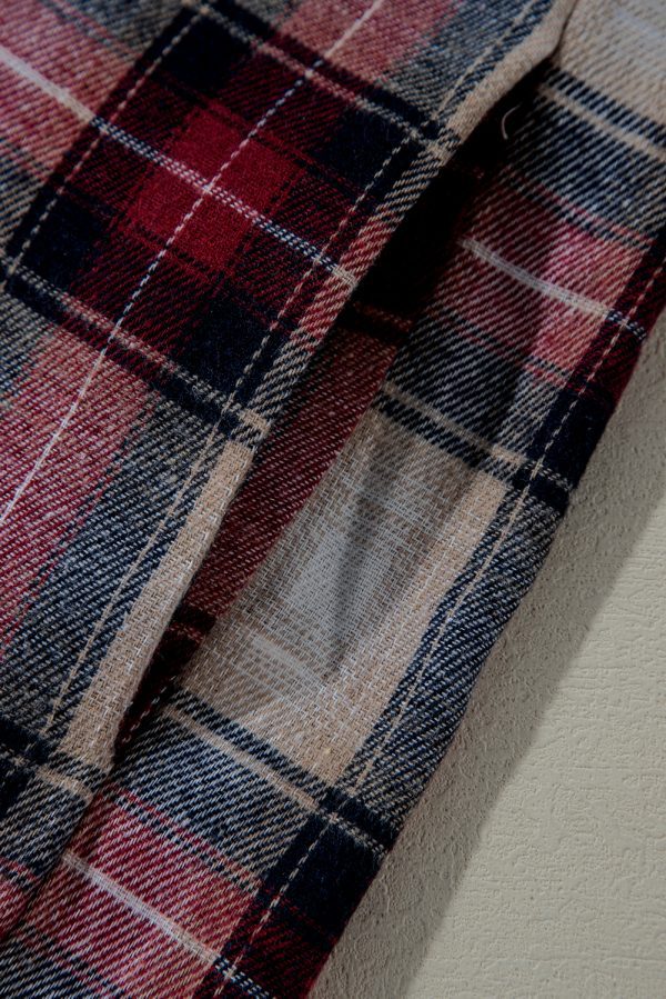 Red Plaid Print Chest Pocket Buttoned Hooded Shacket - Image 6