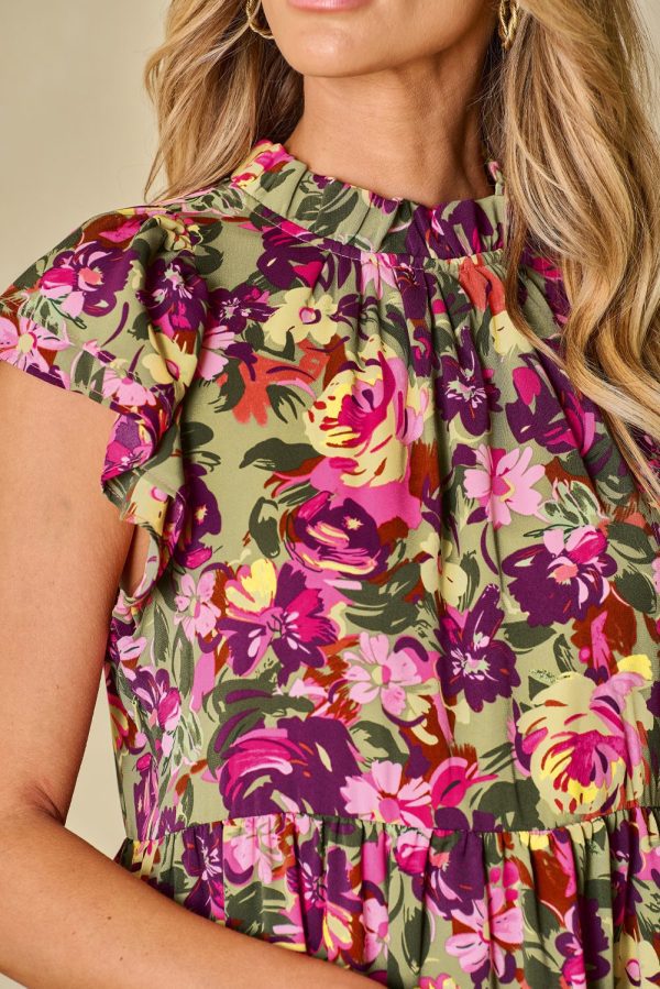 Green Floral Print Ruched Flutter Sleeve Frilled Neck Mini Dress - Image 5