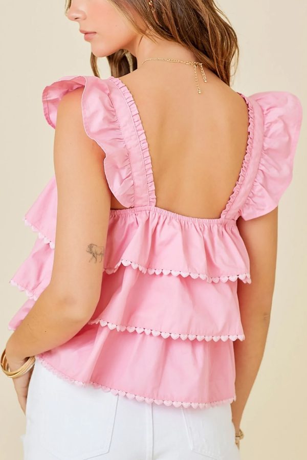 Pink Tiered Heart Trim Square Neck Flutter Top - Image 2