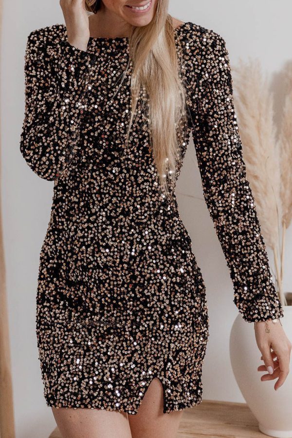 Chestnut Sequin Crew Neck Long Sleeve Bodycon Dress - Image 5