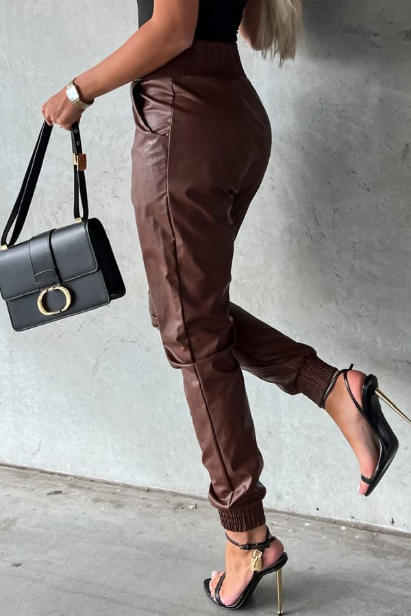 Black Smocked High-Waist Leather Skinny Pants - Image 6