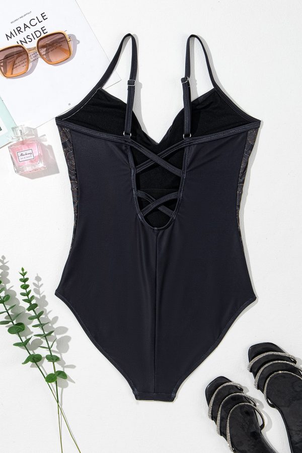Black Petal Print Crisscross Back Spaghetti Straps Swimsuit - Image 5