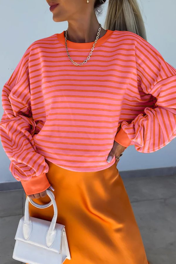 Orange Stripe Drop Shoulder Crew Neck Loose Sweatshirt - Image 18