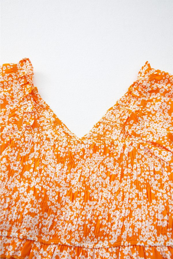 Orange Floral Print Smocked V Neck Wide Sleeve Maxi Dress - Image 12