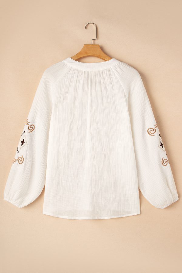 White Embroidered Textured Buttoned Crew Neck Shirt - Image 6