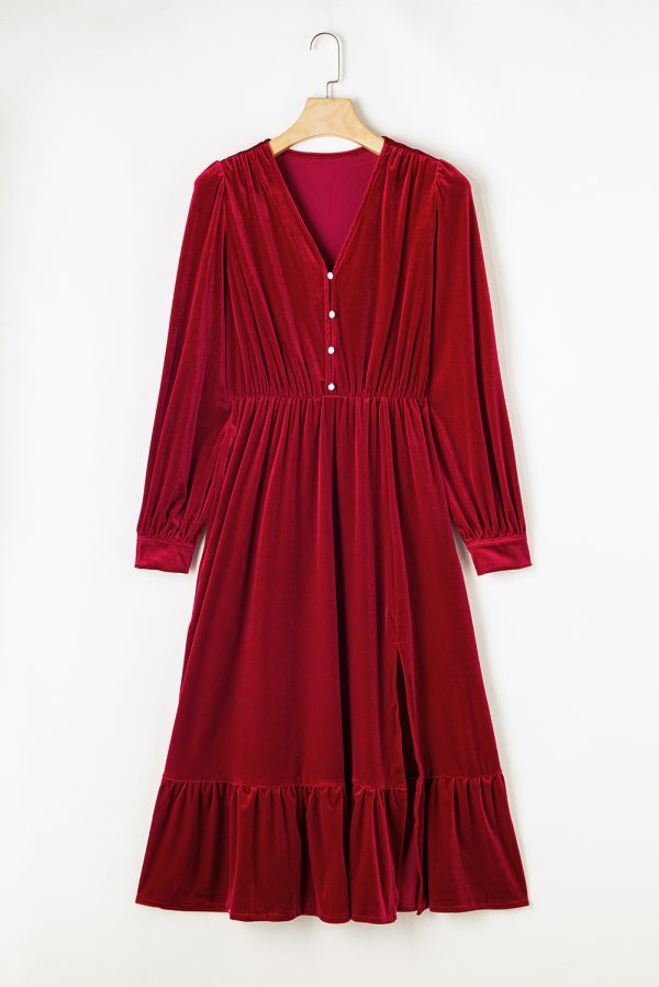 Black Velvet Buttoned Puff Sleeve V Neck Split Midi Dress - Image 13