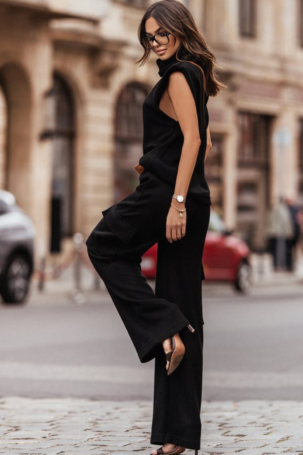 Black High Neck Sleeveless Vest and Cargo Pants Outfit - Image 2