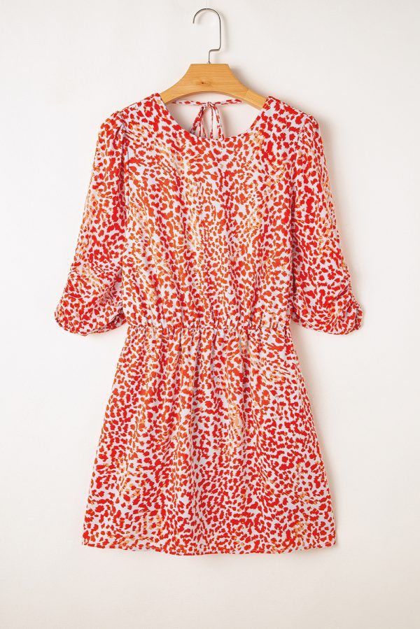 Tomato Red Leopard Print Long Sleeve Hollowed Back Split Mini Dress - Image 4