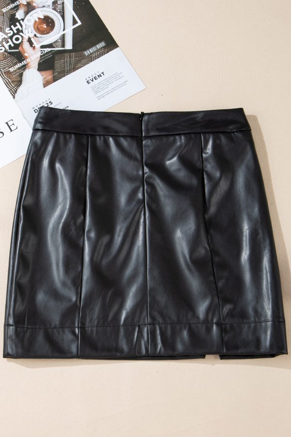 Black PU Leather Side Slits Slim Fit High Waist Mini Skirt - Image 4