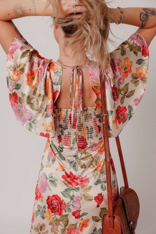 Multicolour Vintage Floral V Neck Short Sleeve Tie Back Long Slit Dress - Image 6