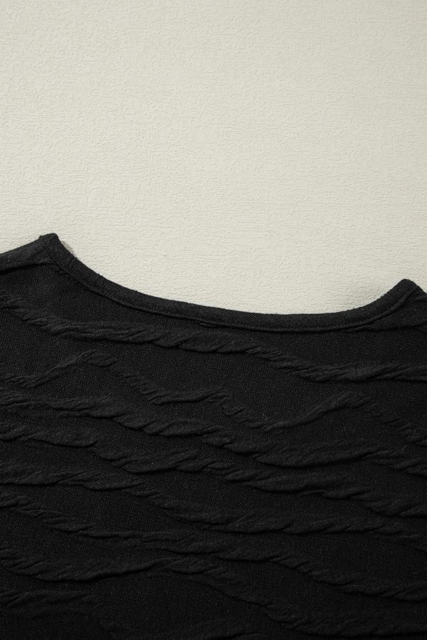 Black Solid Wavy Textured Slim Fit Long Sleeve T Shirt - Image 8