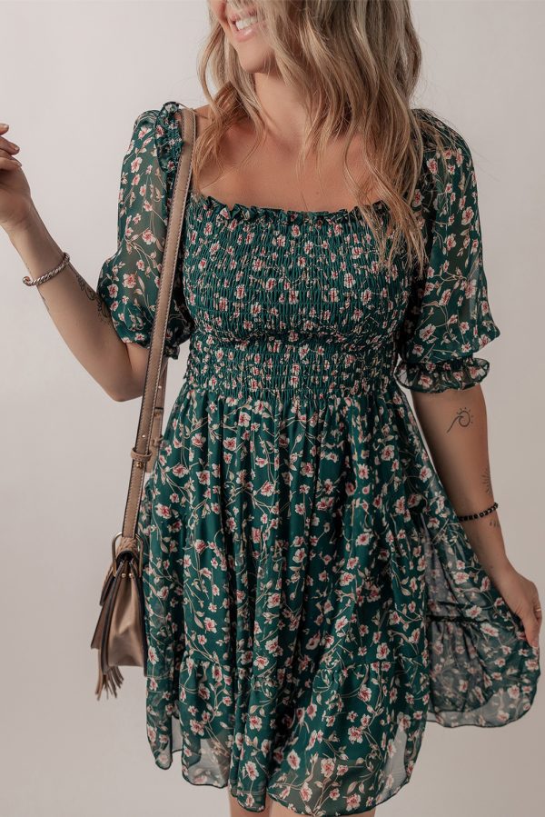 Green Smocked Square Neck Puff Short Sleeve Floral Dress - Image 3