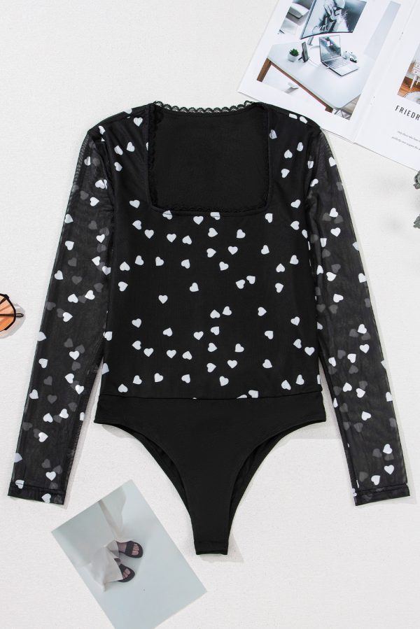 Black Heart Shape Mesh Patchwork Square Neck Bodysuit - Image 8