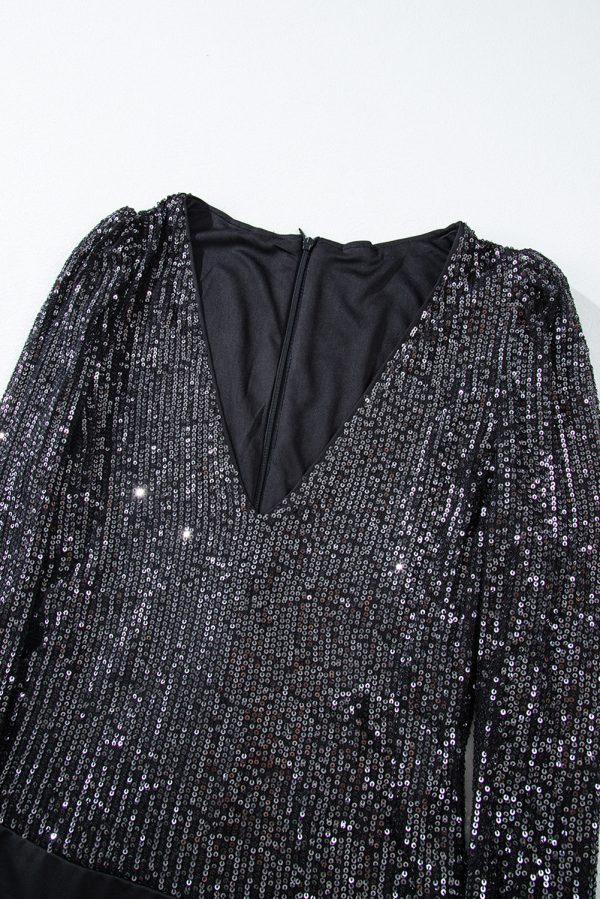 Black Sequin V Neck Zipped Long Sleeve Bodysuit - Image 7