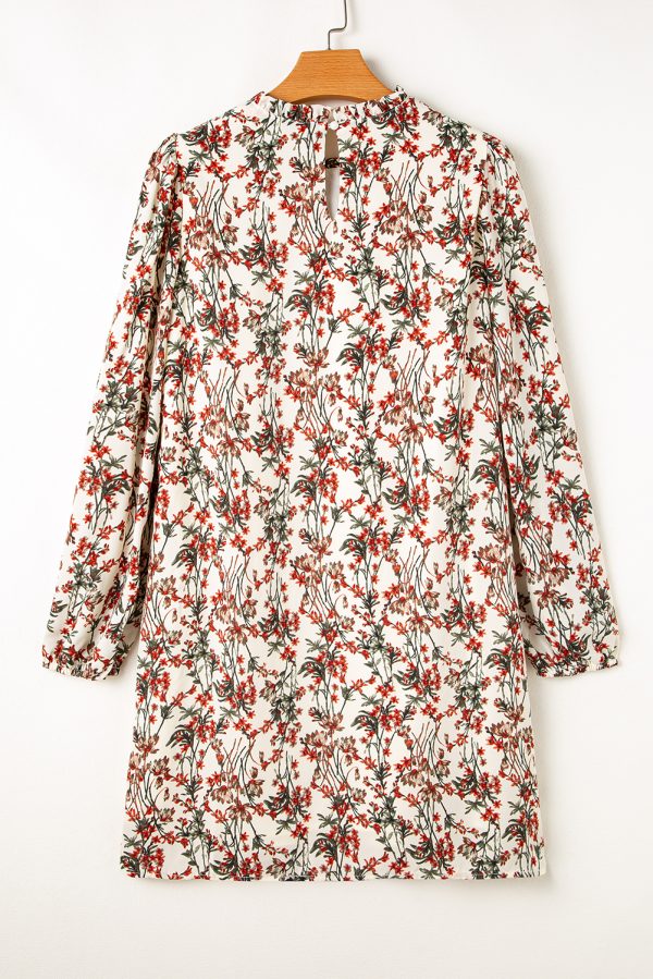White Floral Printed Long Sleeve Mini Dress - Image 6