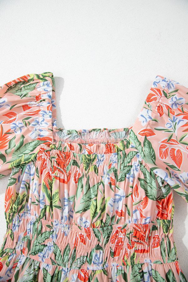 Apricot Pink Floral Smocked Bust Bubble Short Sleeve Maxi Dress - Image 8