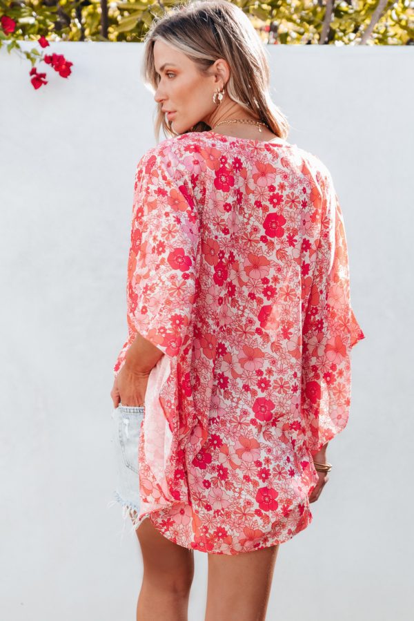 Pink Boho Floral V Neck Kimono Style Blouse - Image 5