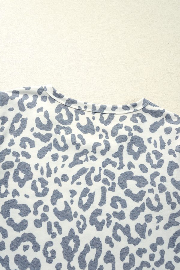 Beige Leopard Round Neck Lace Trim Petal Sleeve T Shirt - Image 7