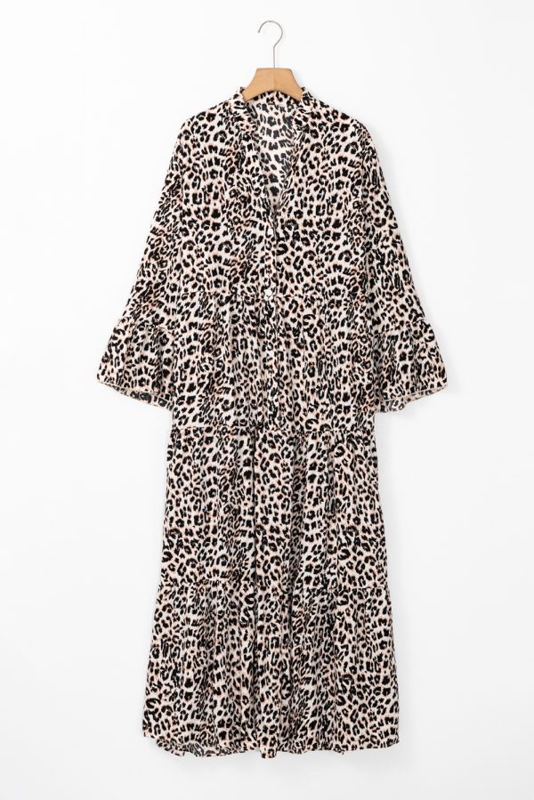 Apricot Leopard Print Tiered Wide Sleeve Maxi Dress - Image 5