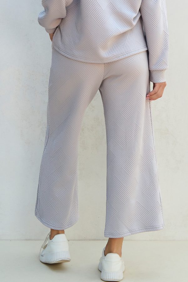 Light Grey Solid Textured Collared V Neck Top and Wide Leg Pants Set - Image 6