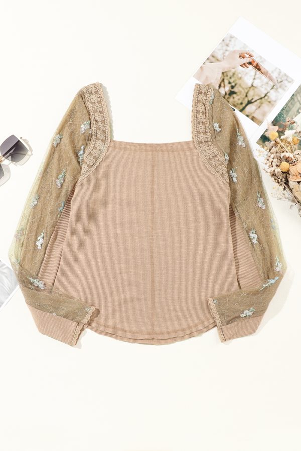 Light French Beige Floral Gauze Sleeve Patchwork Ribbed Knit Top - Image 3