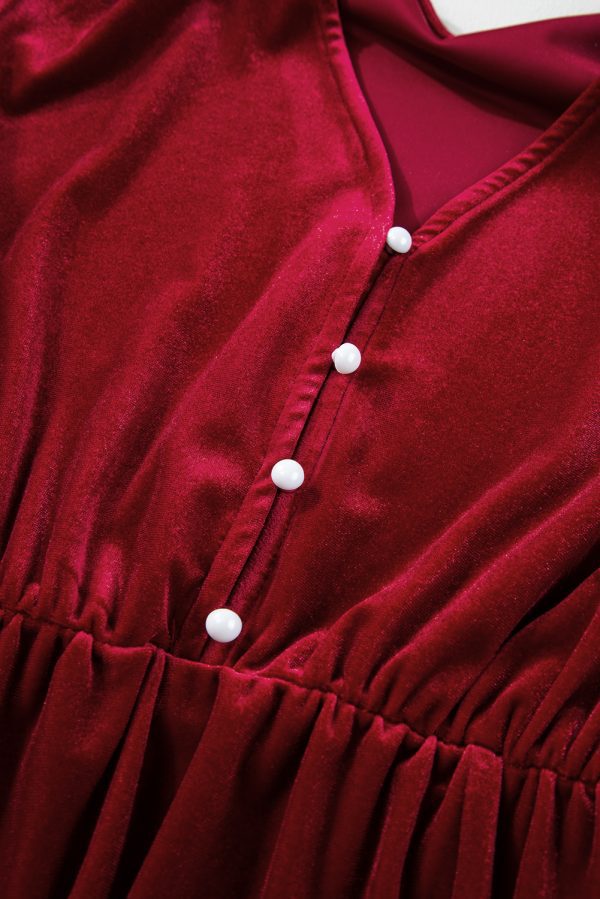Black Velvet Buttoned Puff Sleeve V Neck Split Midi Dress - Image 16