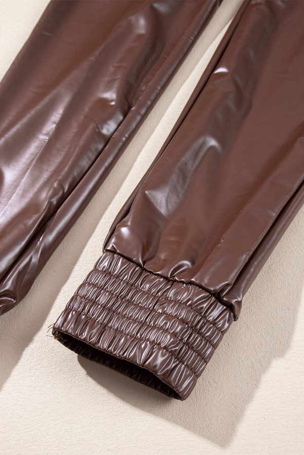 Black Smocked High-Waist Leather Skinny Pants - Image 9