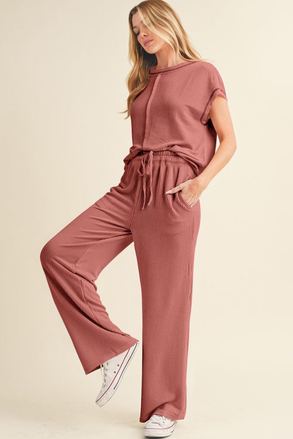 Navy Blue Solid Color Corded Short Sleeve Top and Casual Pants Set - Image 20