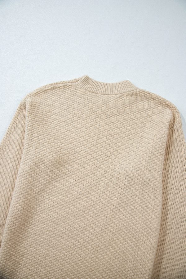 Parchment Solid Textured Knit Split Cuff Drop Shoulder Loose Sweater - Image 5