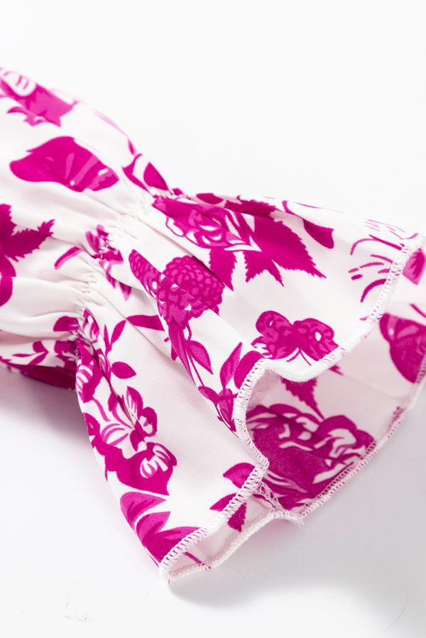 Sky Blue Floral Print Flounce Sleeve Keyhole Back Blouse - Image 14