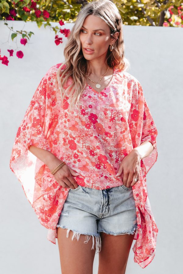 Pink Boho Floral V Neck Kimono Style Blouse - Image 4