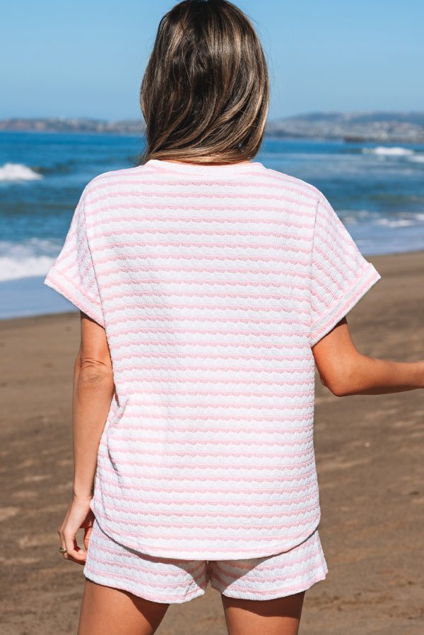 Pink Stripe Knitted Short Sleeve Top and Drawstring Shorts Set - Image 2